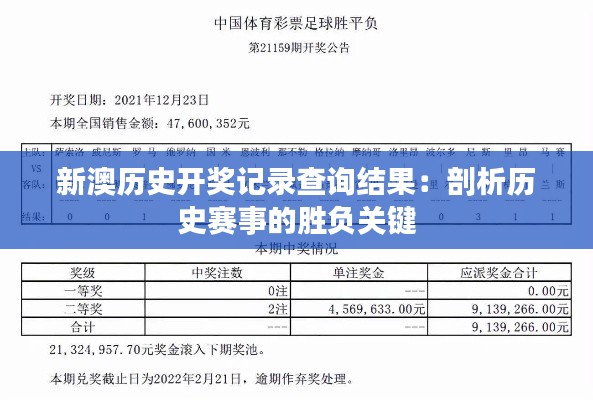 新澳历史开奖记录查询结果:剖析历史赛事的胜负关键