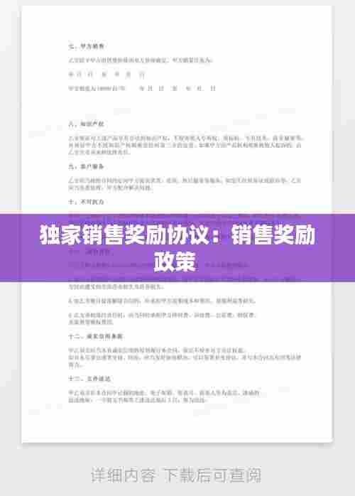 独家销售奖励协议：销售奖励政策 