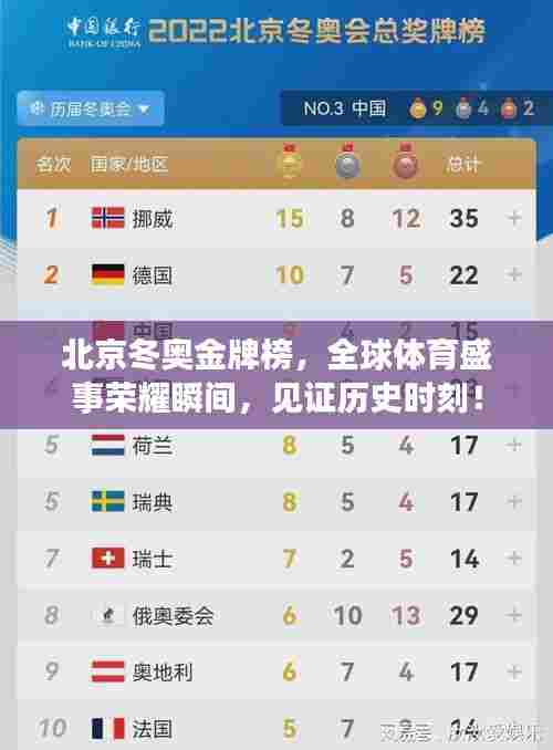 北京冬奥金牌榜，全球体育盛事荣耀瞬间，见证历史时刻！
